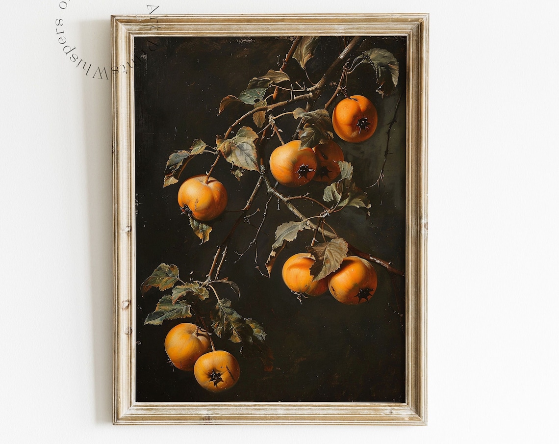Persimmons Art Print Kitchen Wall Art Moody Vintage Still Life Painting Fruit Art