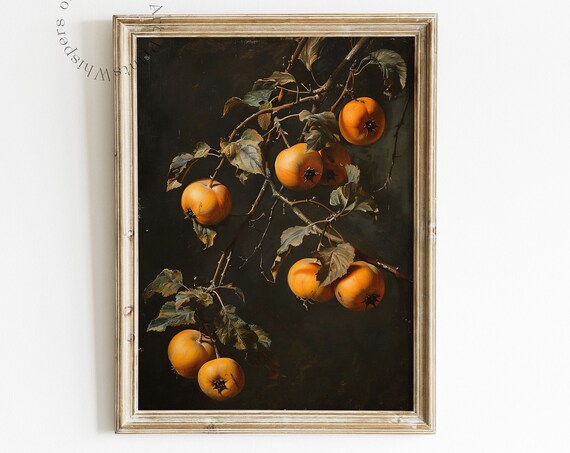Persimmons Art Print Kitchen Wall Art Moody Vintage Still Life Painting Fruit Art