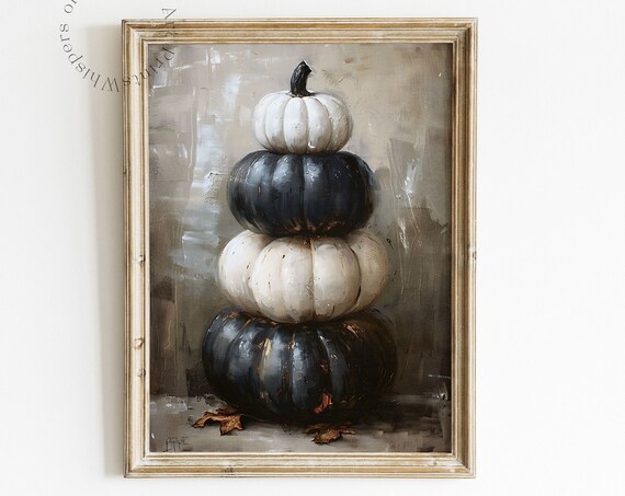 Tower of Stacked Black and White Pumpkins Fall Painting Poster