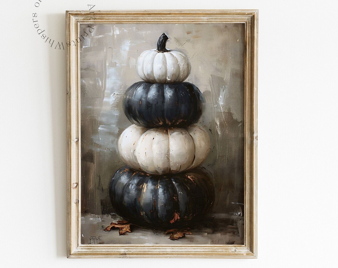 Tower of Stacked Black and White Pumpkins Fall Painting Poster
