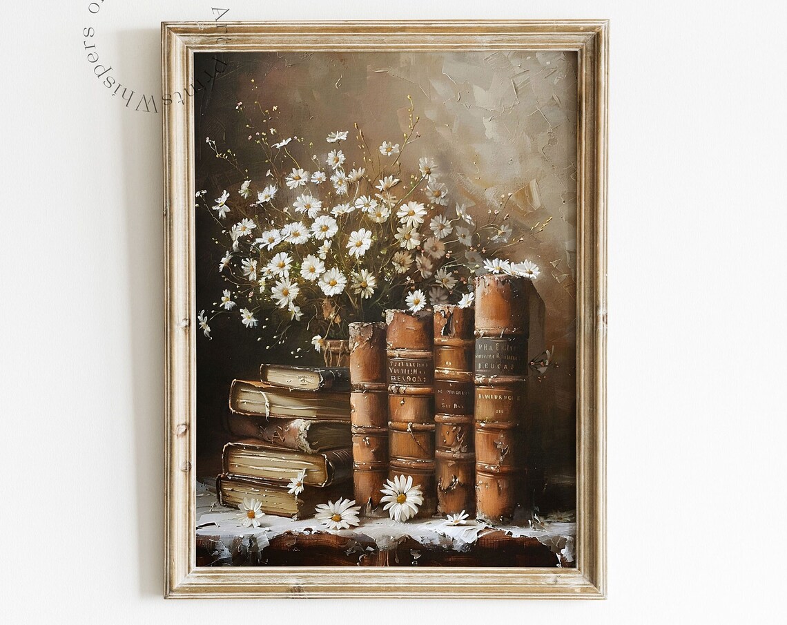 Daisy Leather Bound Books Art Print, Dark Academia Decor