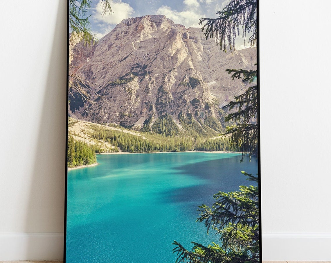 Turquoise Alpine Lake Jagged Peak Pine Forest Scenic View Poster