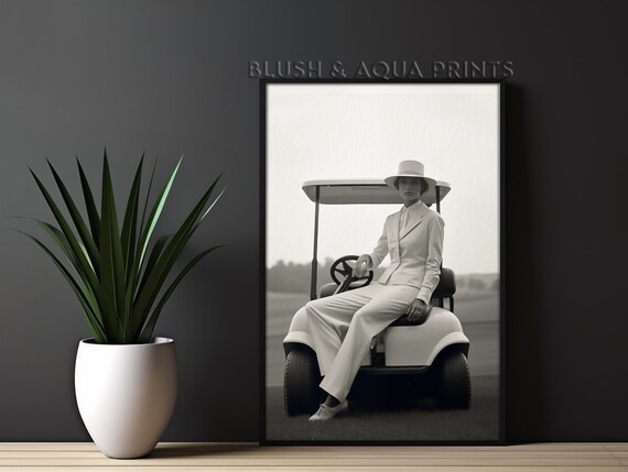 Woman in White Suit Seated on Golf Cart Vintage Style Photo Print