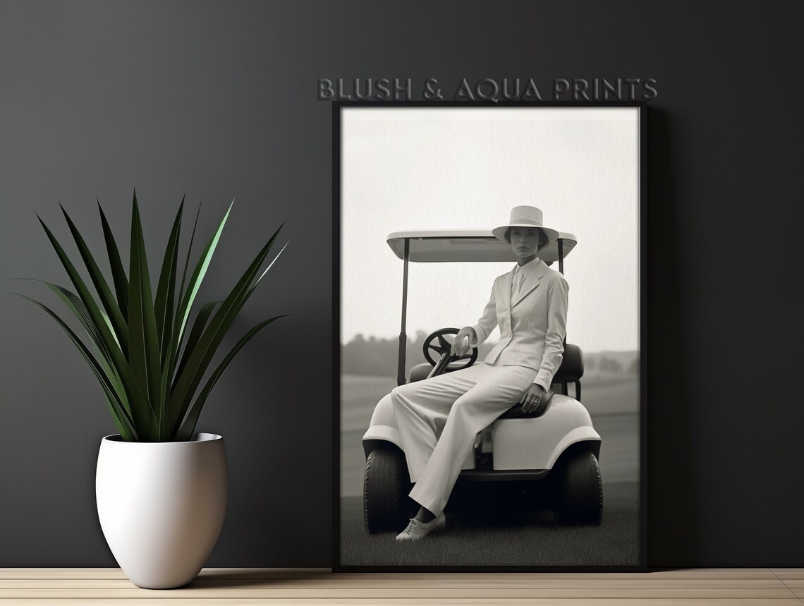 Woman in White Suit Seated on Golf Cart Vintage Style Photo Print
