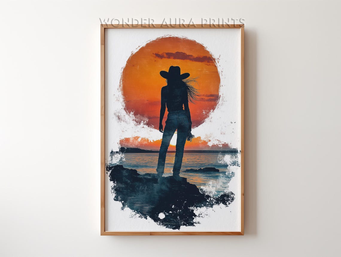 Cowgirl Silhouette At Ocean Sunset Western Wanderlust Wall Art