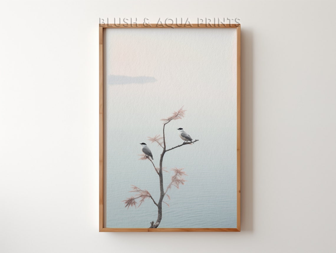 Two Songbirds on a Bare Branch Misty Minimalist Nature Art Print