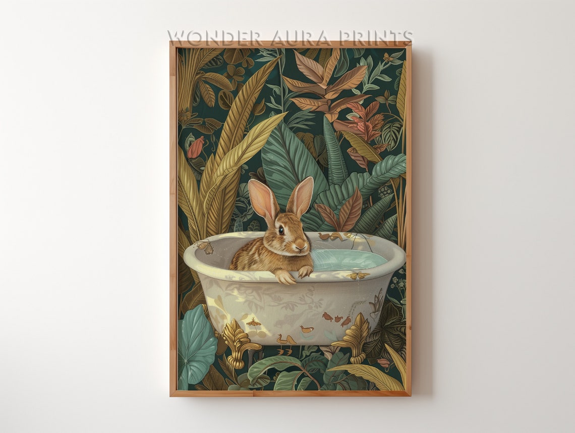 Rabbit In A Bathtub Maximalist Bathroom Decor Dopamine Print Jungle Wall Wonder Aura Prints