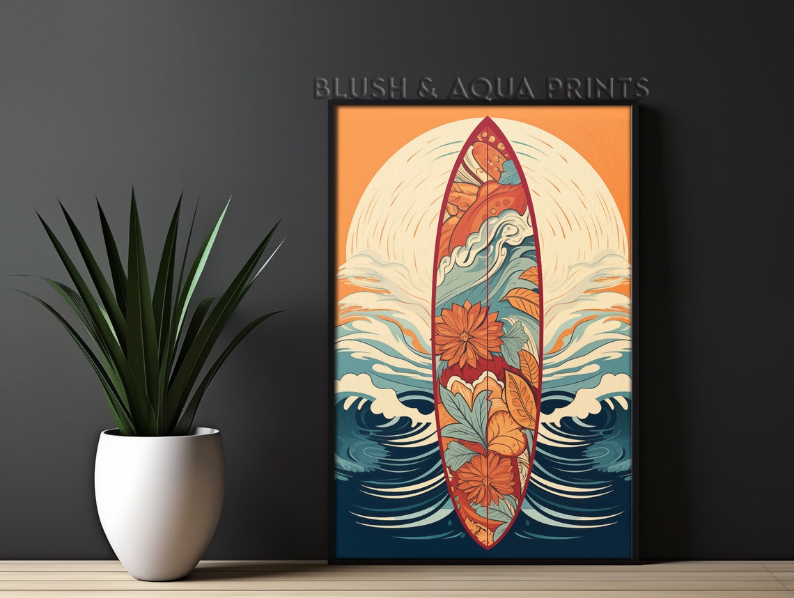 Floral Surfboard Over Ocean Waves Sunset Retro Surf Decor Poster
