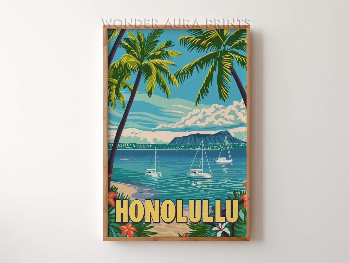 Honolulu Hawaii Tropical Beach Palm Trees Vintage Travel Poster