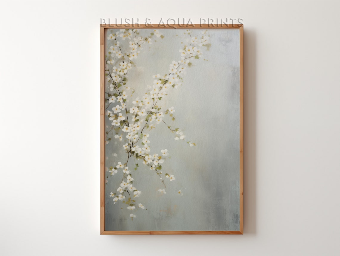 White Blossom Branches on Pale Grey Minimalist Botanical Art Print