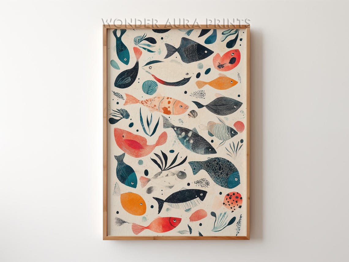 Colorful Fish School Pattern Coral Teal Playful Ocean Art Poster