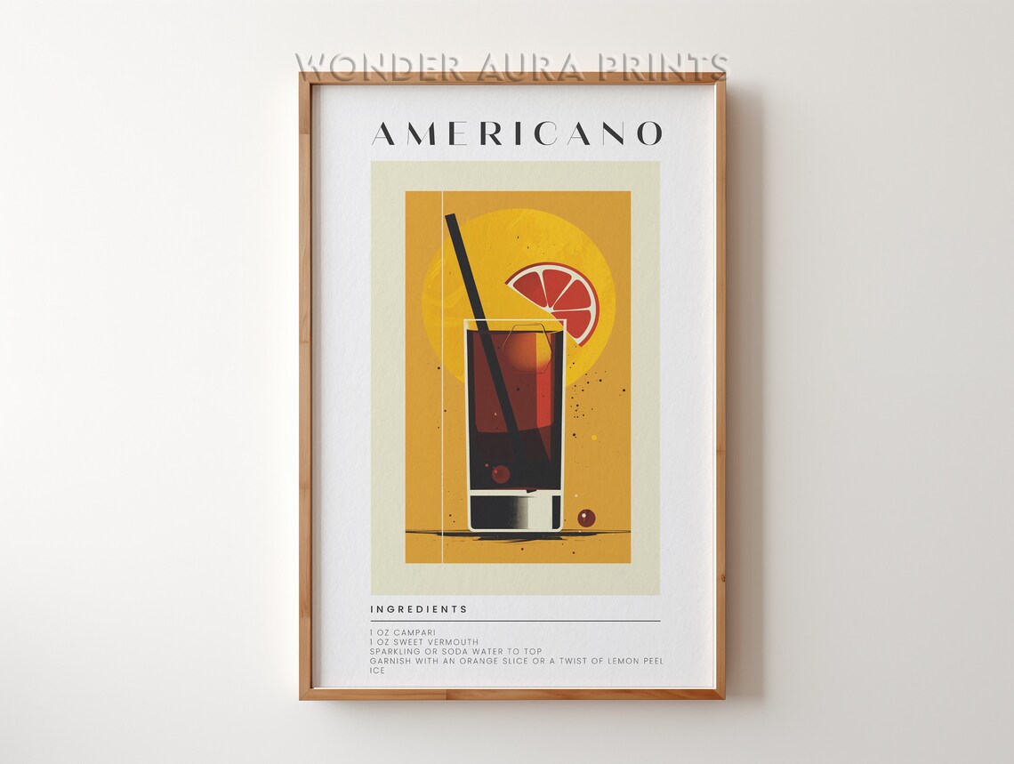 Americano Cocktail Recipe Vintage Bar Cart Drink Ingredients Poster