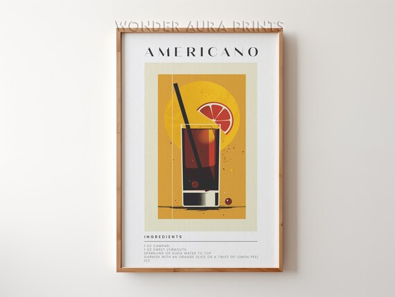 Americano Cocktail Recipe Vintage Bar Cart Drink Ingredients Poster