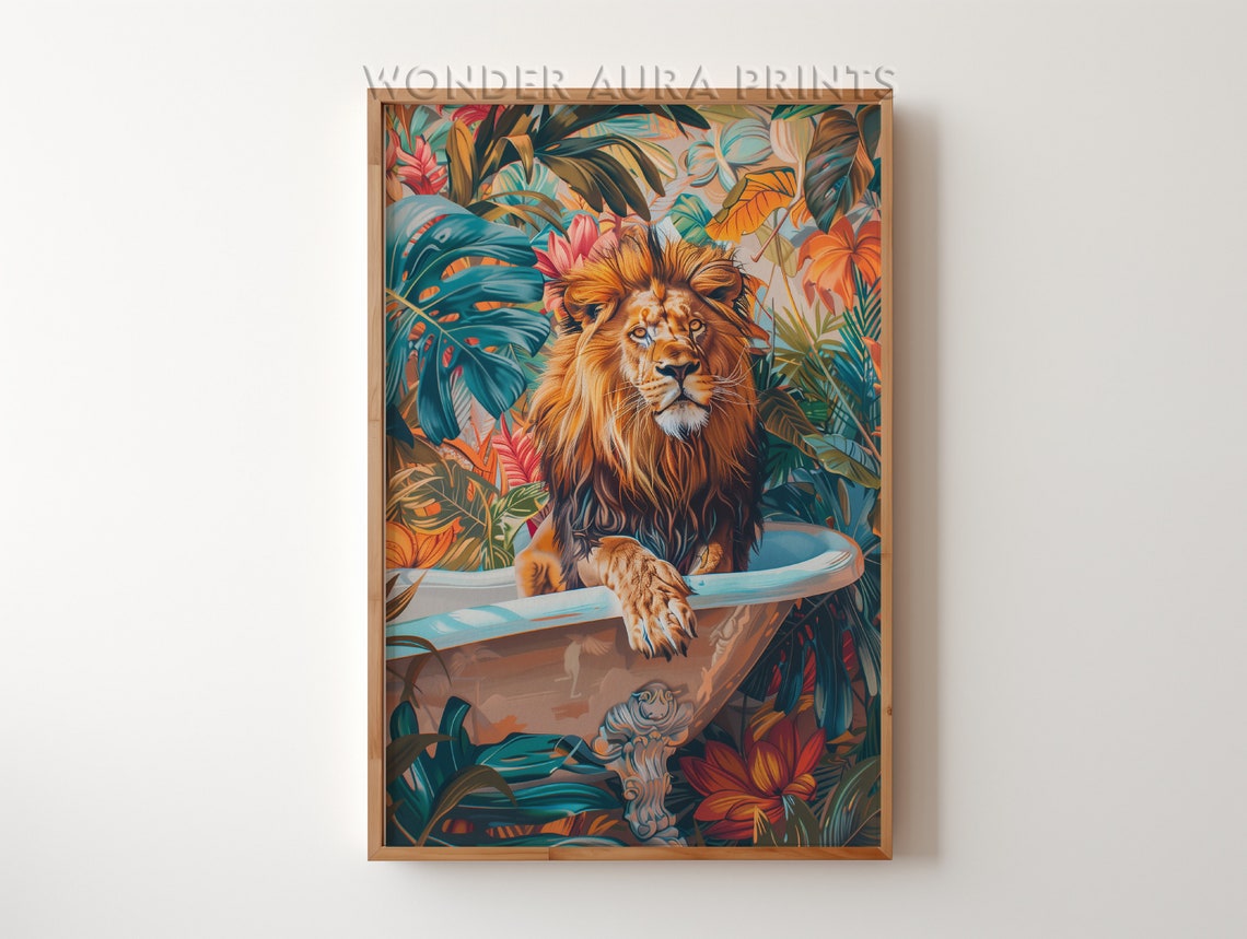 Male Lion In A Bathtub Tropical Jungle Funny Bathroom Decor Poster