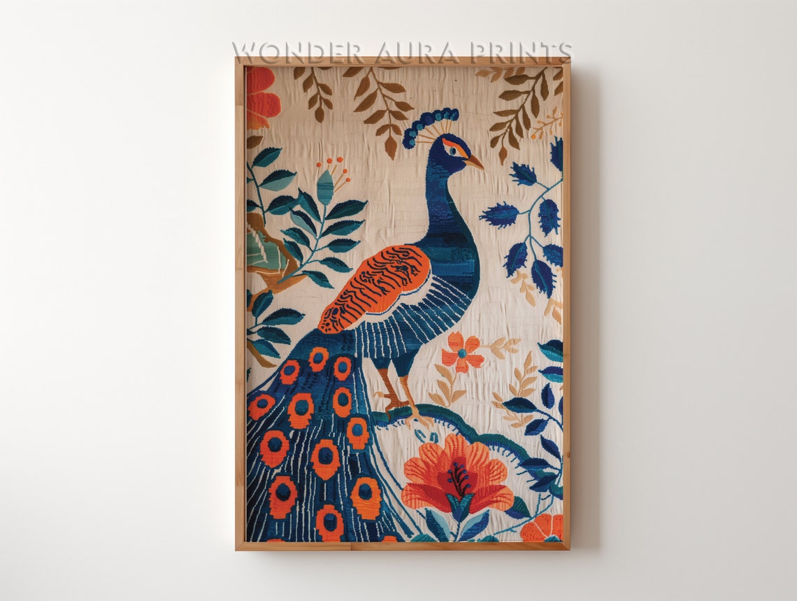 Peacock and Florals Navy Orange Embroidered Textile Style Art Poster
