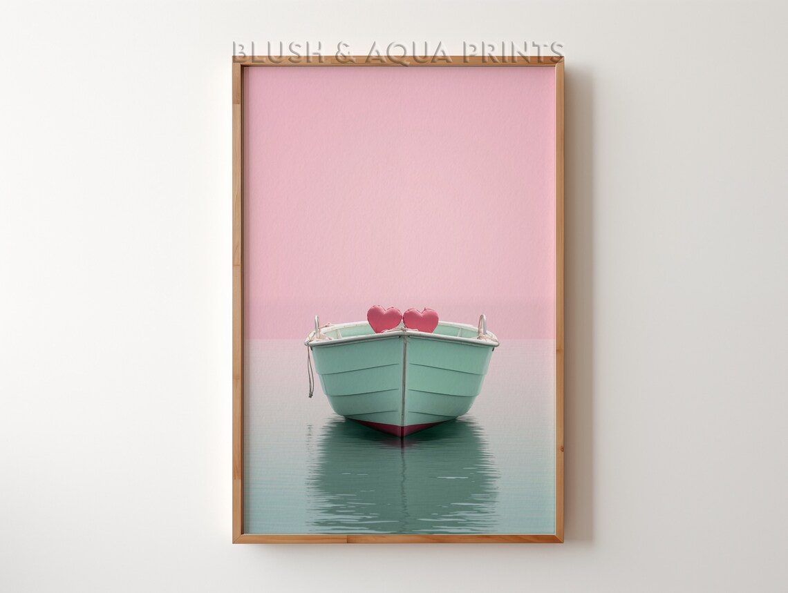 Pink Minimalist Sailboat With Two Hearts On Calm Water Preppy Print