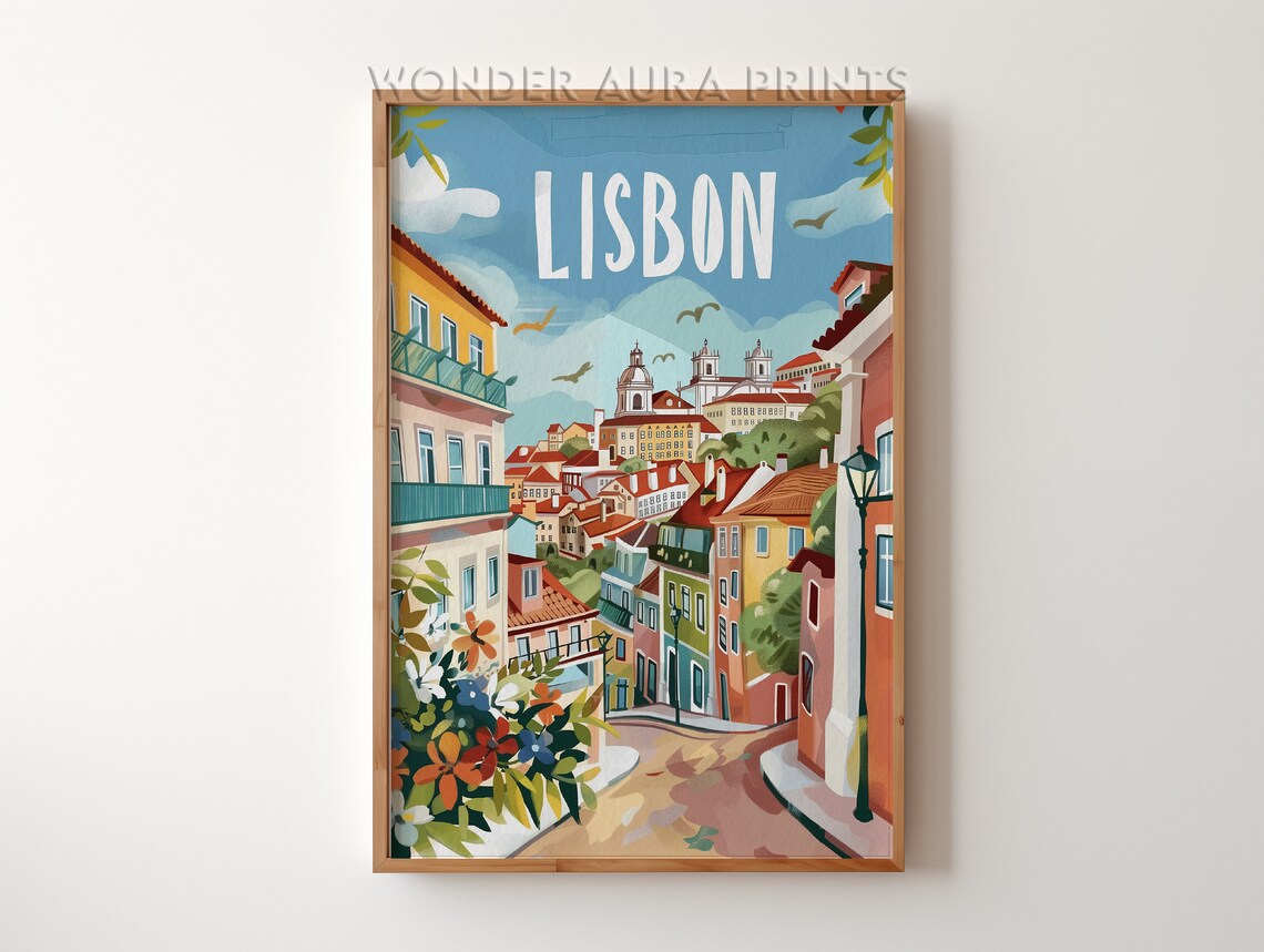 Lisbon Colorful Hilltop Old Town Buildings Blue Sky City Art Poster