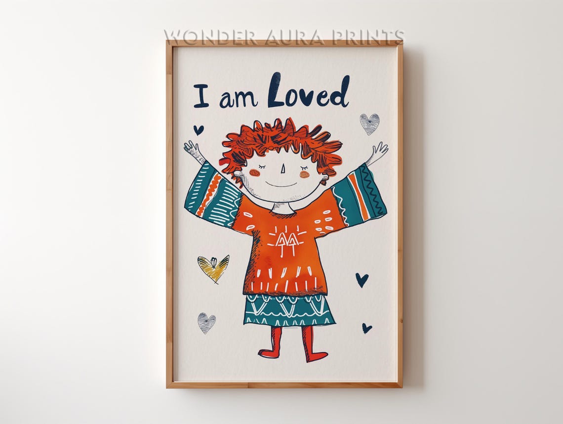 I Am Loved Happy Curly Kid Arms Wide Open Affirmation Poster