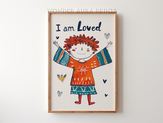 I Am Loved Happy Curly Kid Arms Wide Open Affirmation Poster
