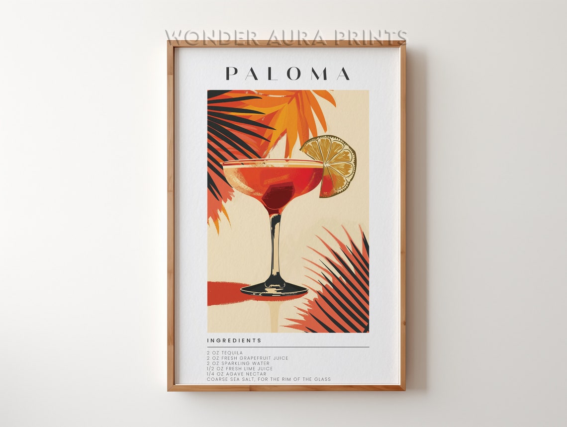 Classic Paloma Cocktail Recipe Tropical Retro Home Bar Wall Art