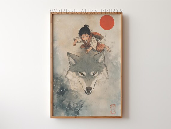 Boy Riding A Wolf Japanese Wall Art Landscape Poster Print Gift For Enthusiasts Vintage Wonder Aura Prints