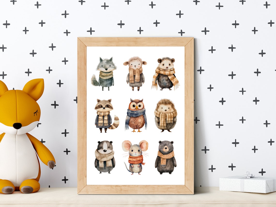 Woodland Animals in Winter Scarves Watercolor Nursery Poster - Image 2