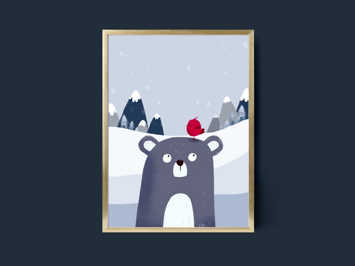 Cute Winter Bear With Red Bird Snowy Mountain Nursery Poster - Image 4