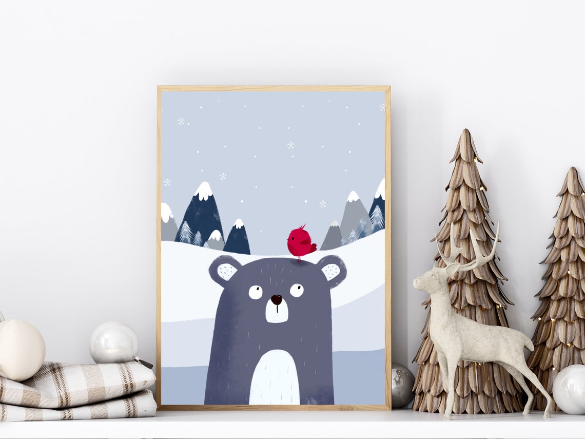 Cute Winter Bear With Red Bird Snowy Mountain Nursery Poster - Image 2