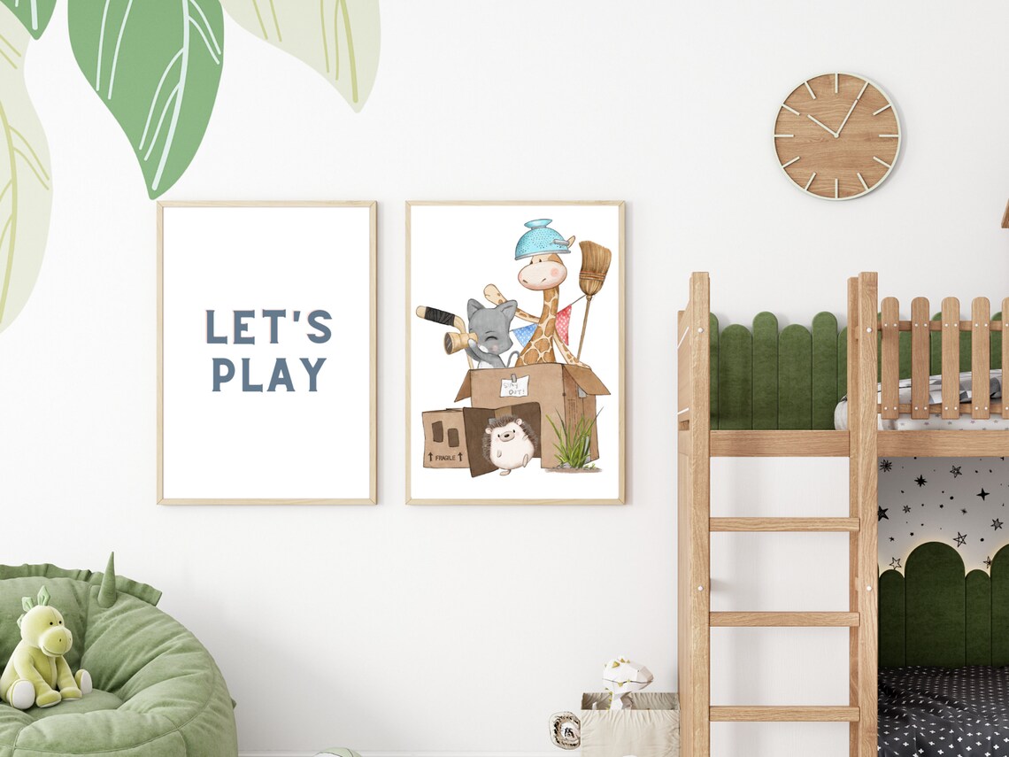 Giraffe And Kitten Building Cardboard Box Fort Watercolor Poster - Image 4