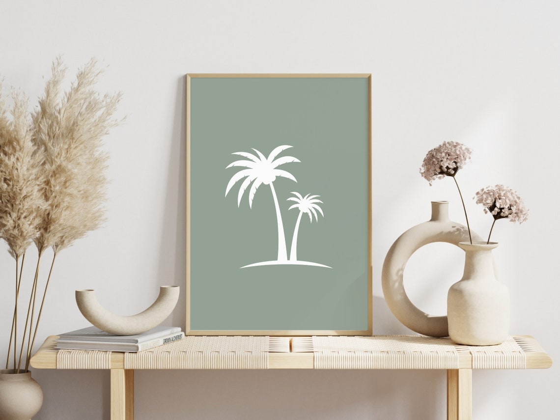 White Palm Trees Silhouette Sage Green Minimalist Coastal Art Poster - Image 2