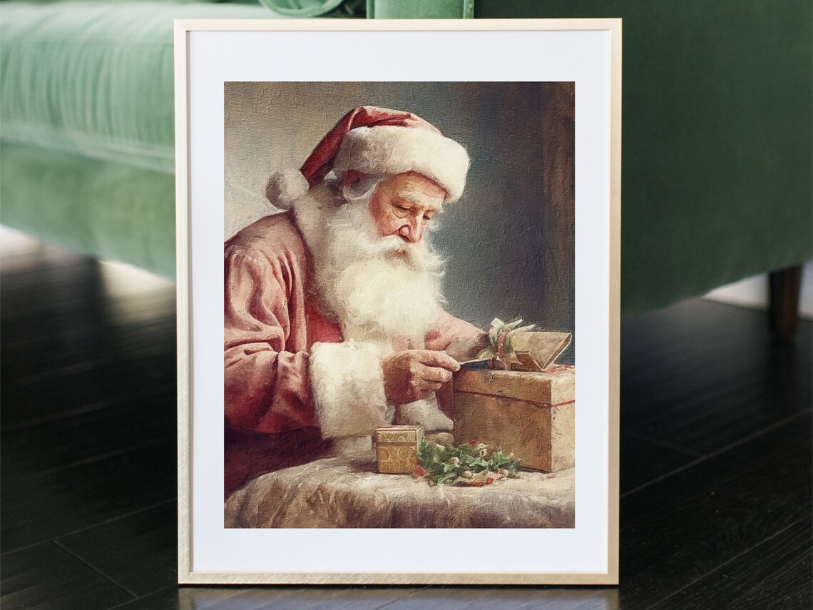 Santa Claus Wrapping Gifts Vintage Oil Painting Christmas Poster - Image 3