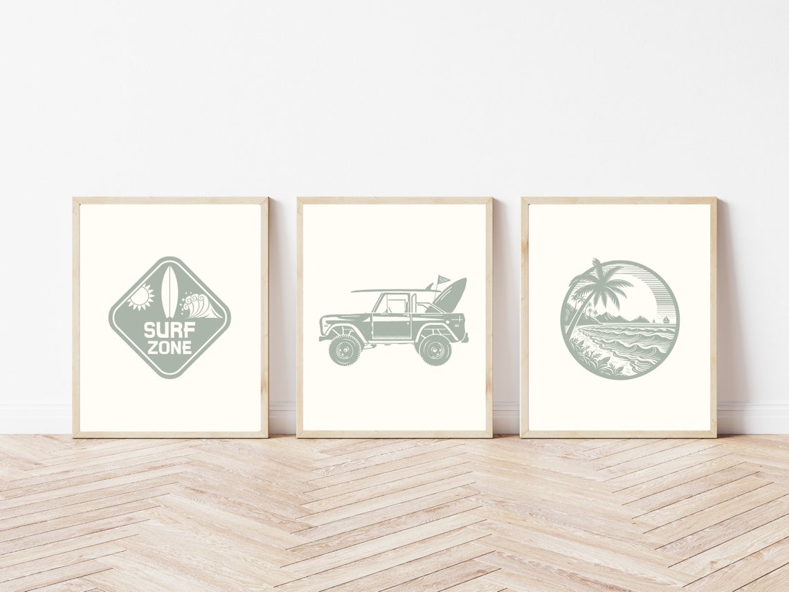 Sage Green Surf Zone Badge With Surfboard And Wave Coastal Poster - Image 3