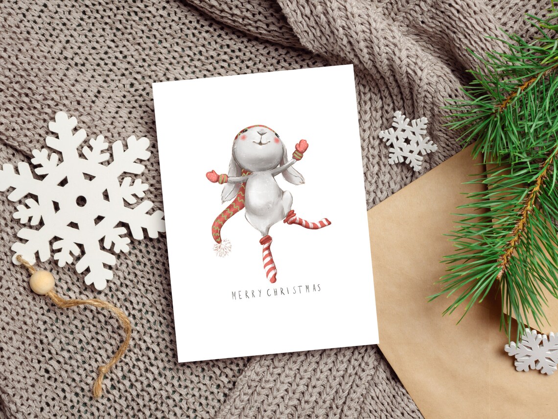 Merry Christmas Dancing Bunny In Striped Stockings Watercolor Poster - Image 4
