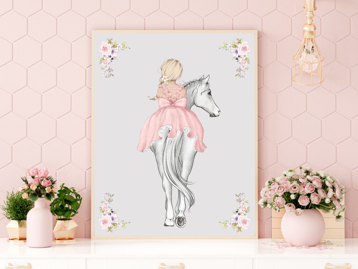 Little Princess Girl In Pink Dress Riding White Horse Poster - Image 4