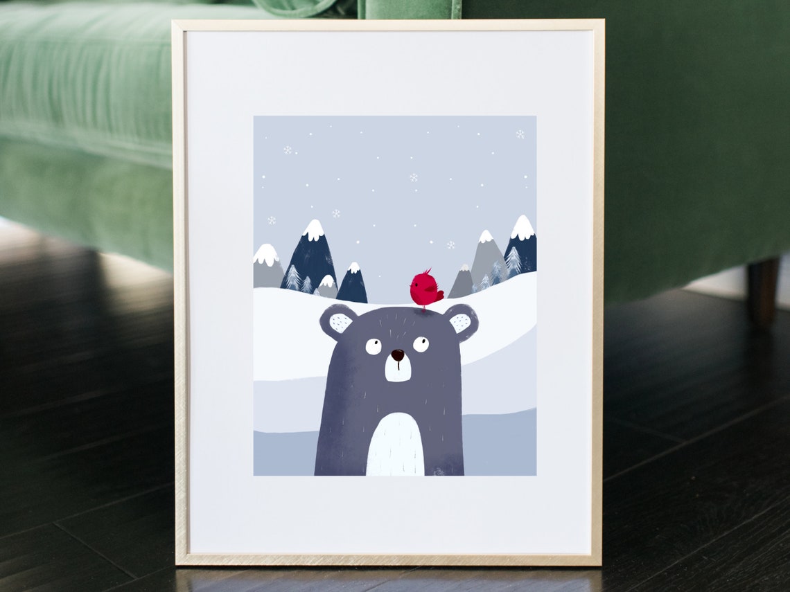 Cute Winter Bear With Red Bird Snowy Mountain Nursery Poster - Image 3