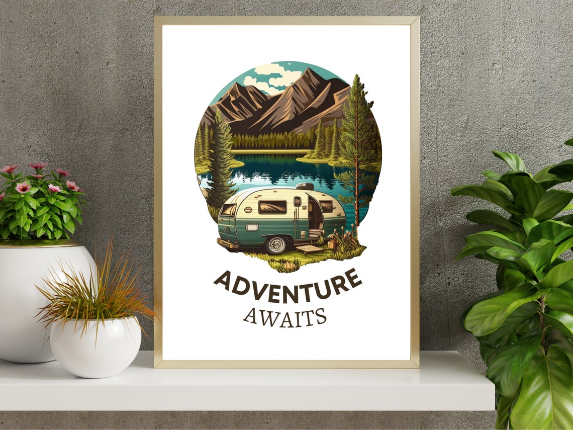 Adventure Awaits Vintage Camper Van Mountain Lake Retro Art Print - Image 3