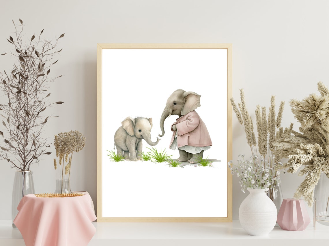 Sweet Mama and Baby Elephant Watercolor Nursery Decor Art Print - Image 3