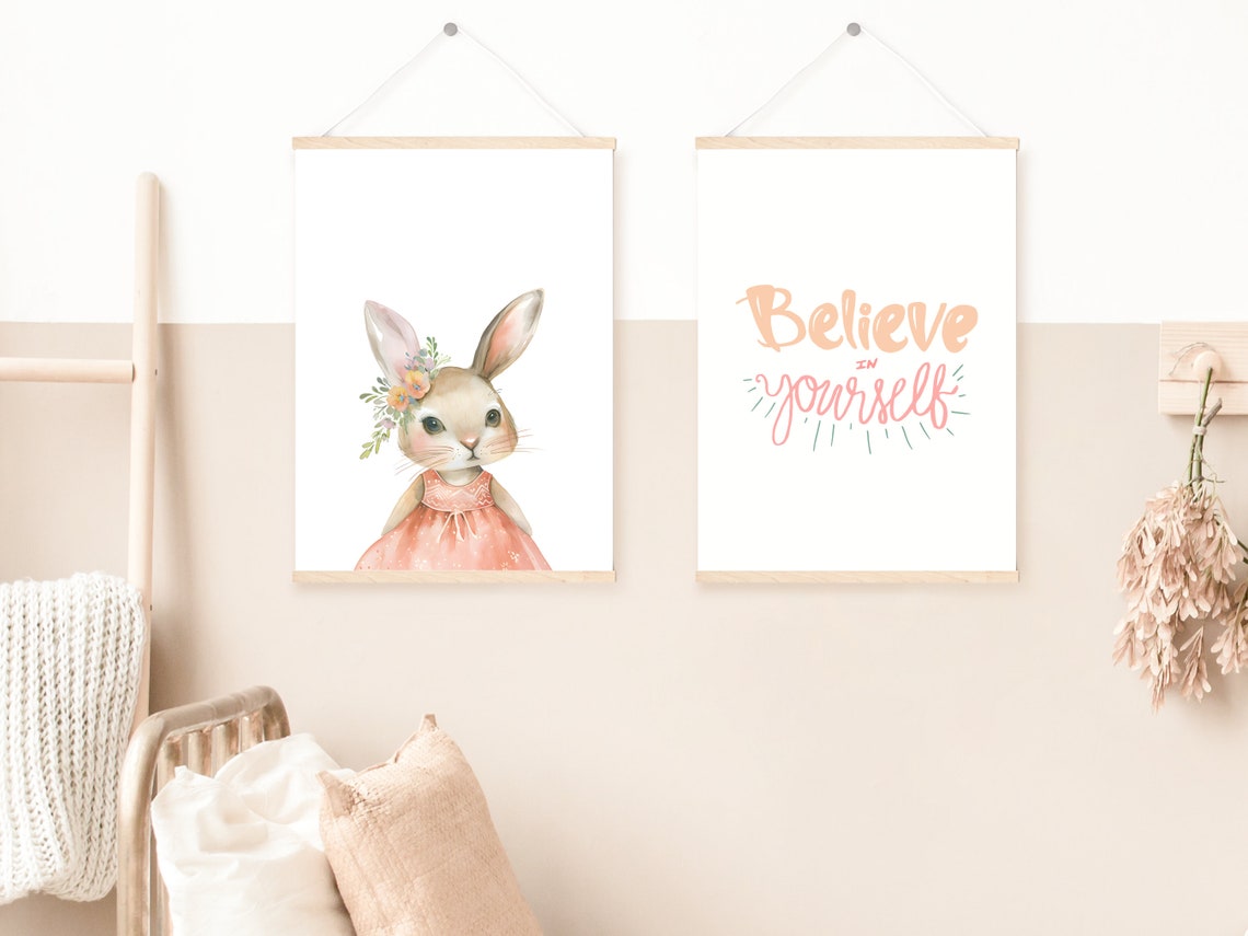 Cute Easter Bunny Art Flower Crown Bunny Print Watercolour Rabbit Art Bunny Nursery Decor Girls Room Wall Art - Image 3