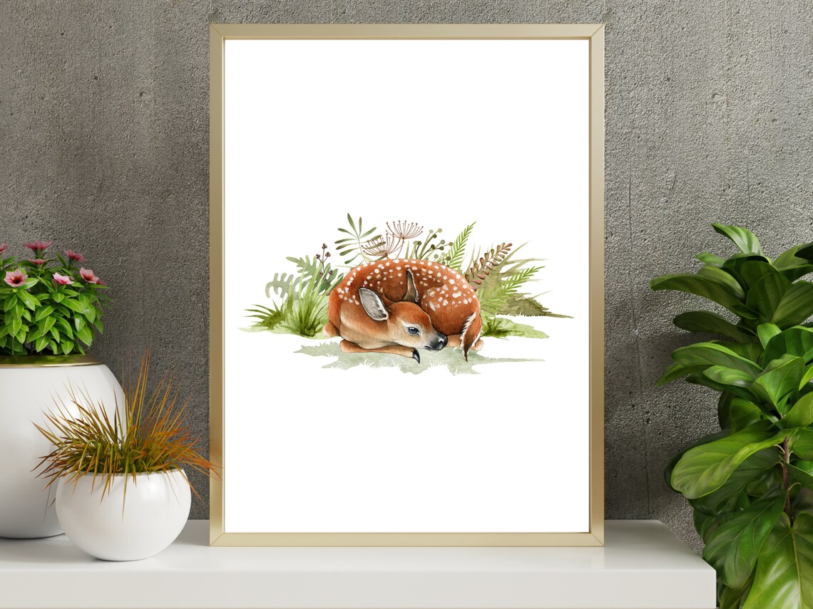 Sleeping Baby Deer Fawn Watercolor Woodland Nursery Art Print - Image 4