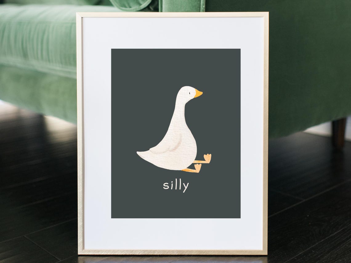 Silly Goose Minimalist Animal Poster Cute Dark Green Nursery Art