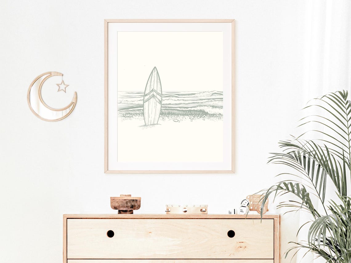 Minimalist Surfboard Beach Waves Line Art Coastal Wall Decor Poster - Image 3