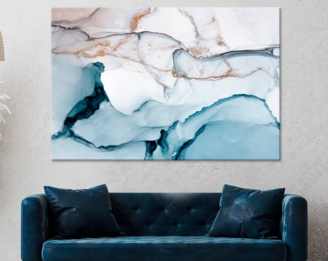 White Blue Marble Gold Veins Abstract Fluid Art Luxury Decor Poster
