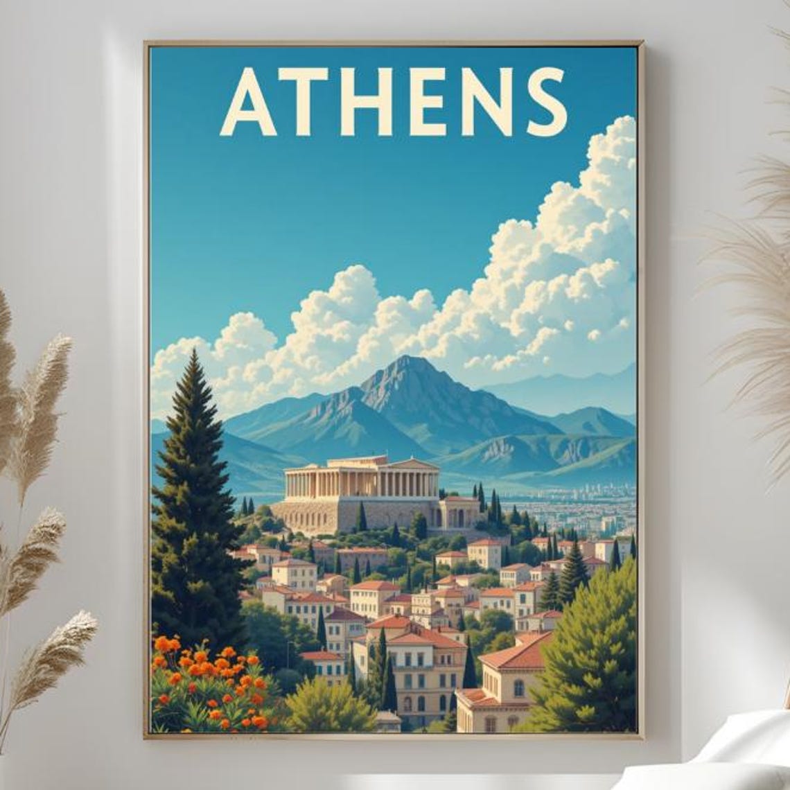 Athens Acropolis Parthenon Over Mountain Cityscape Vintage Poster