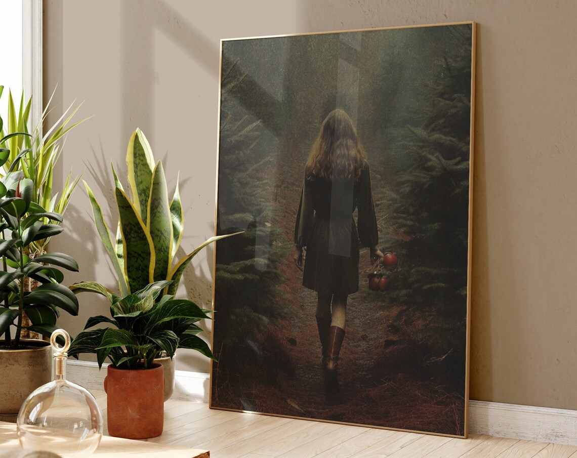 Dark Forest Girl with Apples Moody Cottagecore Photography Art Poster
