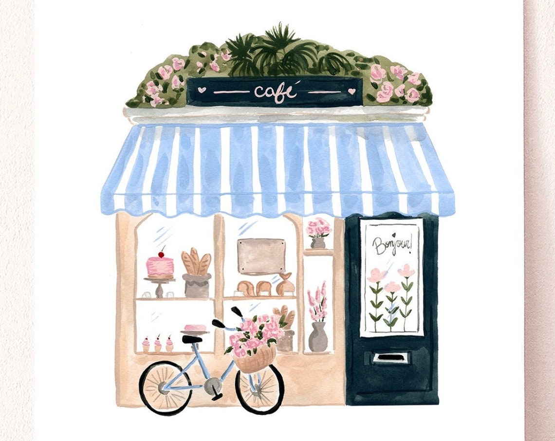 Parisian Cafe Art Print French Bakery Watercolor Painting Europe Travel Quaint Coffee Shop Bicycle And Flowers Sabina Fenn