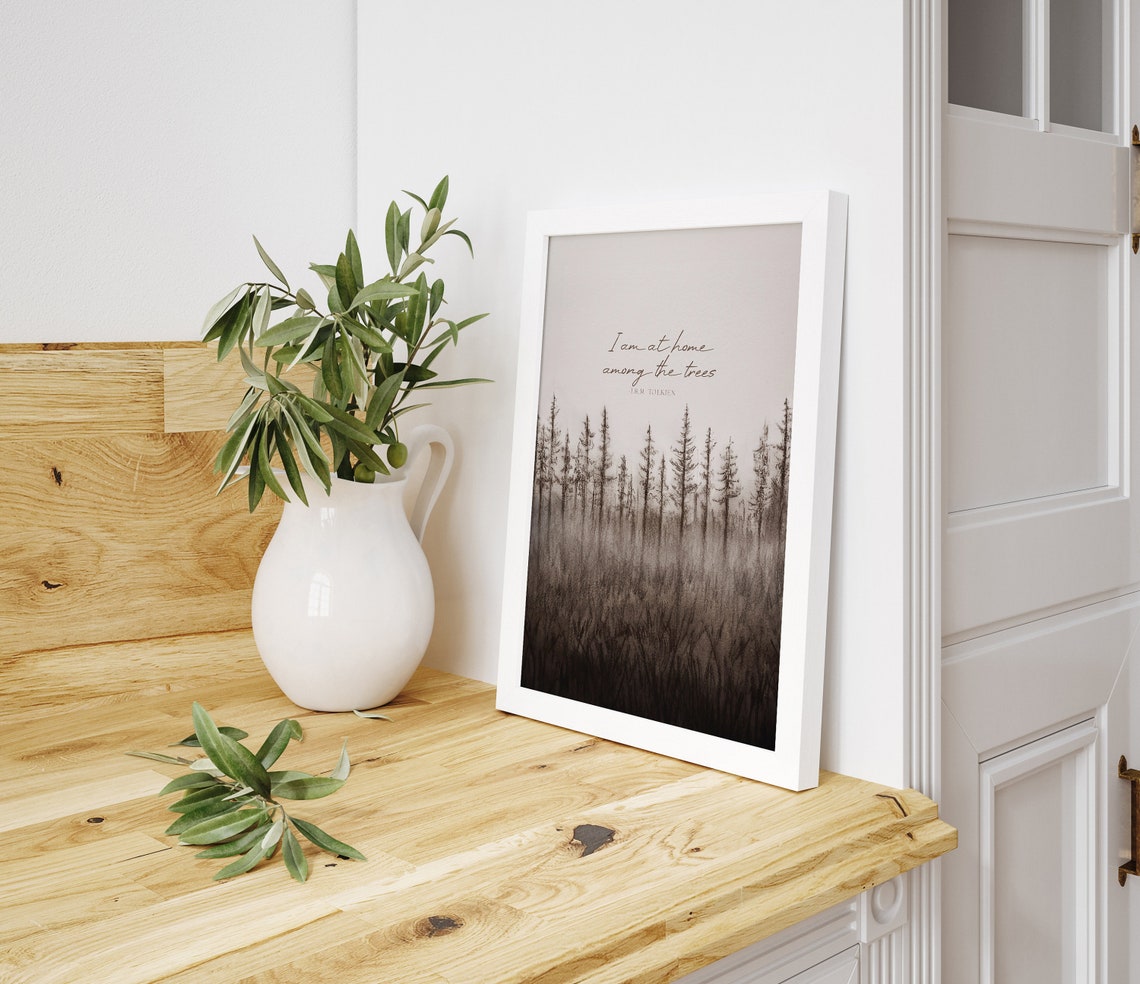 I Am At Home Among The Trees Tolkien Misty Charcoal Pine Forest Poster - Image 2