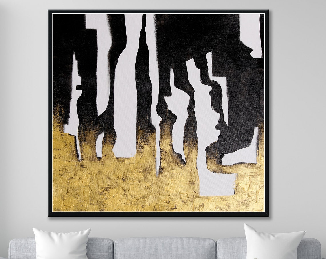 Black White Gold Bold Graphic Abstract Horizontal Art Poster