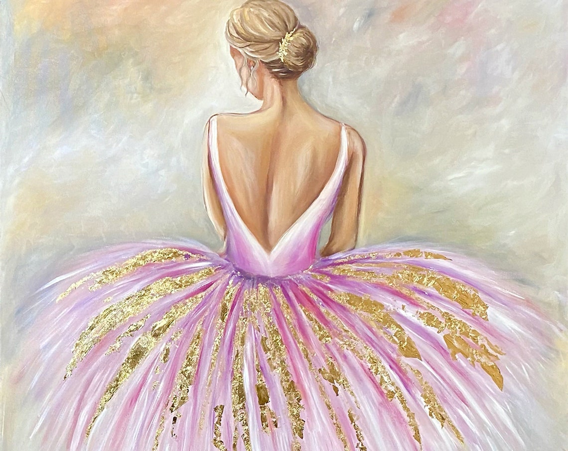 Pink Ballerina Back View Gold Leaf Tutu Dancer Painting Art Print