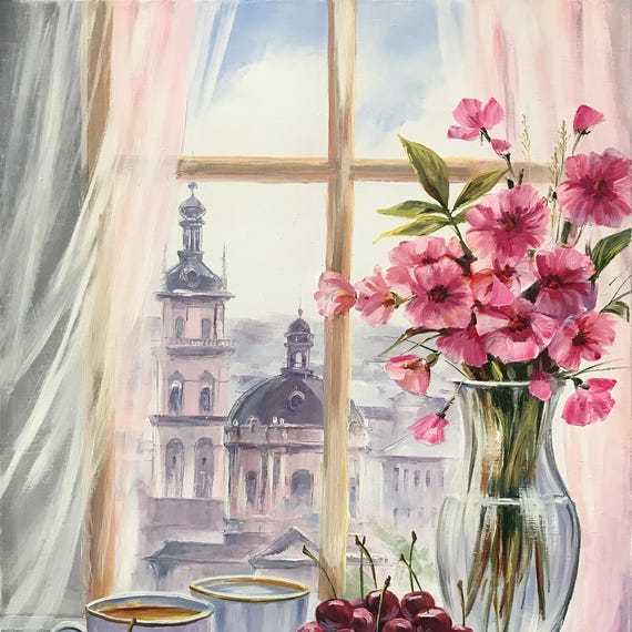 Cherries Still Life Painting Original Cherry Oil Painting Coffee Oil Painting Breakfast Painting Coffee Still Life Art Cherry Artwork