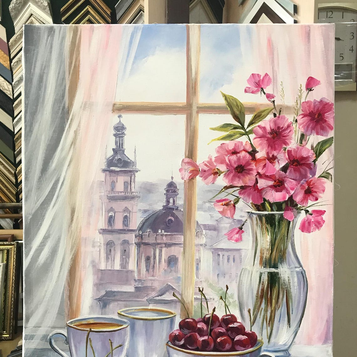 Pink Flower Vase Cherries and Coffee on Windowsill City View Poster - Image 3